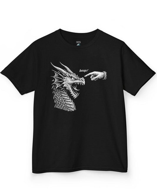 Boop! shirt in black featuring a detailed snarling dragon being playfully tapped on the nose by a pointing hand.