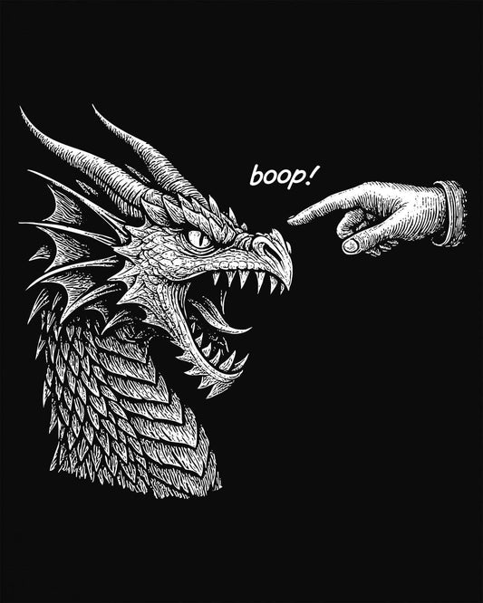 Boop! shirt in black featuring a detailed snarling dragon being playfully tapped on the nose by a pointing hand.