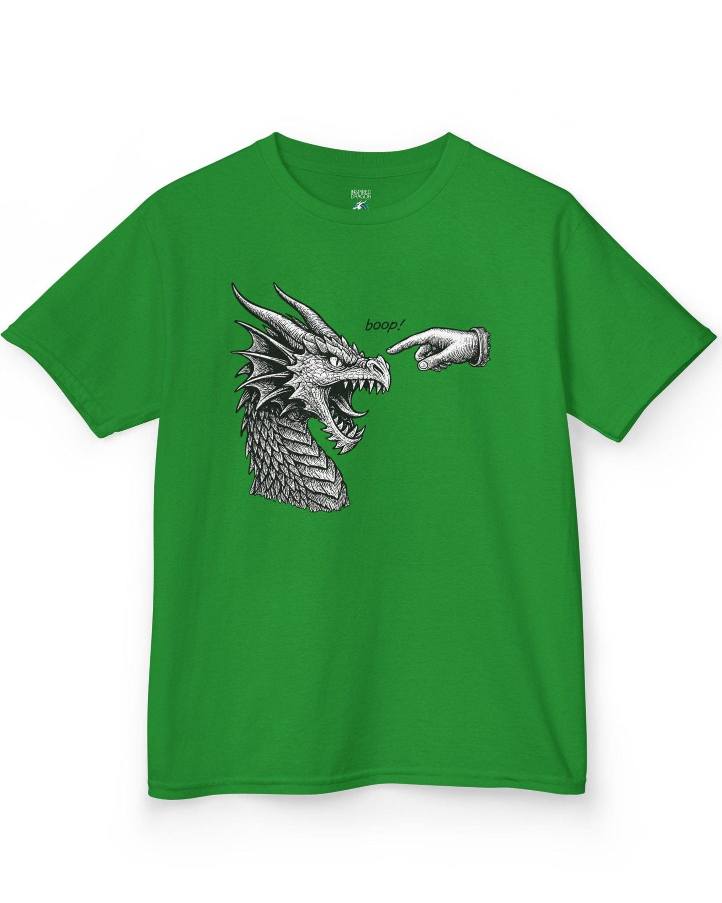 Boop! shirt in Irish green featuring a detailed snarling dragon being playfully tapped on the nose by a pointing hand.