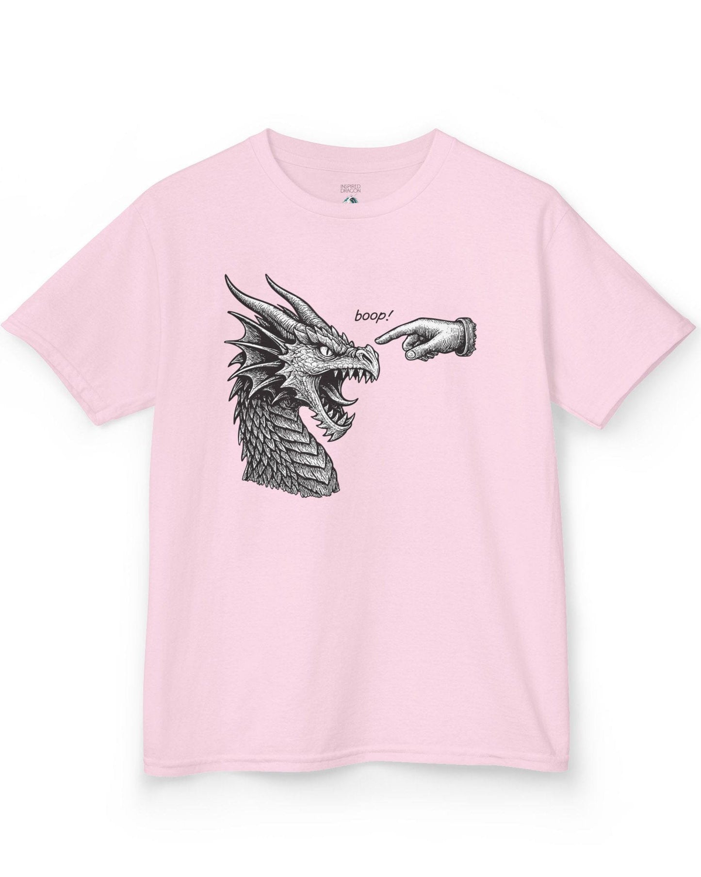 Boop! shirt in light pink featuring a detailed snarling dragon being playfully tapped on the nose by a pointing hand.