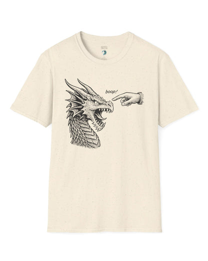 Boop! shirt in natural featuring a detailed snarling dragon being playfully tapped on the nose by a pointing hand.