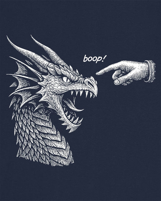 Boop! shirt in navy featuring a detailed snarling dragon being playfully tapped on the nose by a pointing hand.