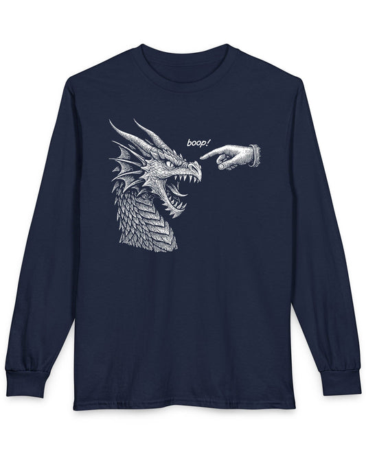 Boop! shirt in navy featuring a detailed snarling dragon being playfully tapped on the nose by a pointing hand.