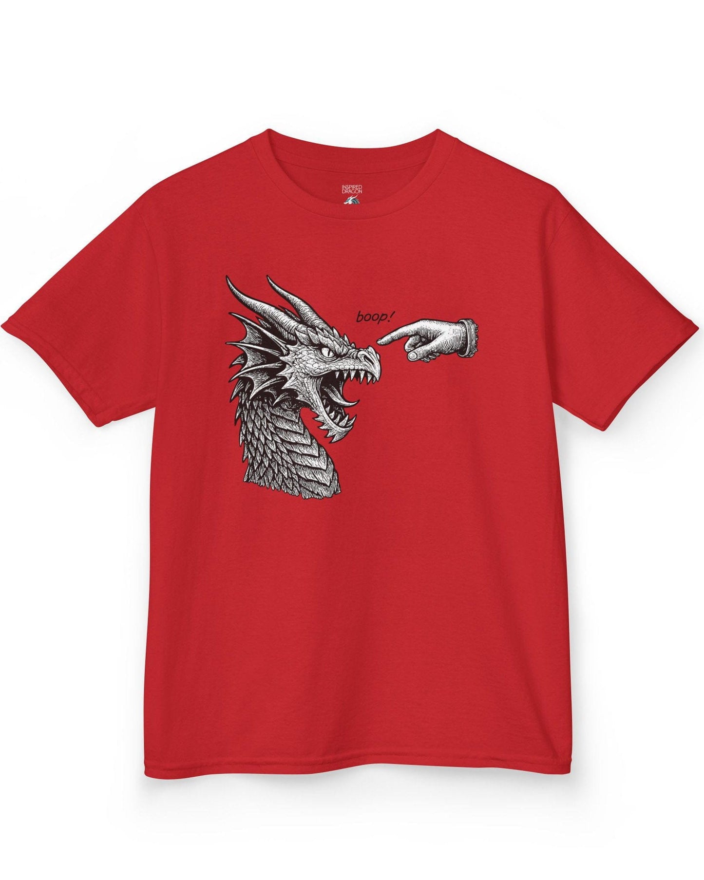 Boop! shirt in red featuring a detailed snarling dragon being playfully tapped on the nose by a pointing hand.