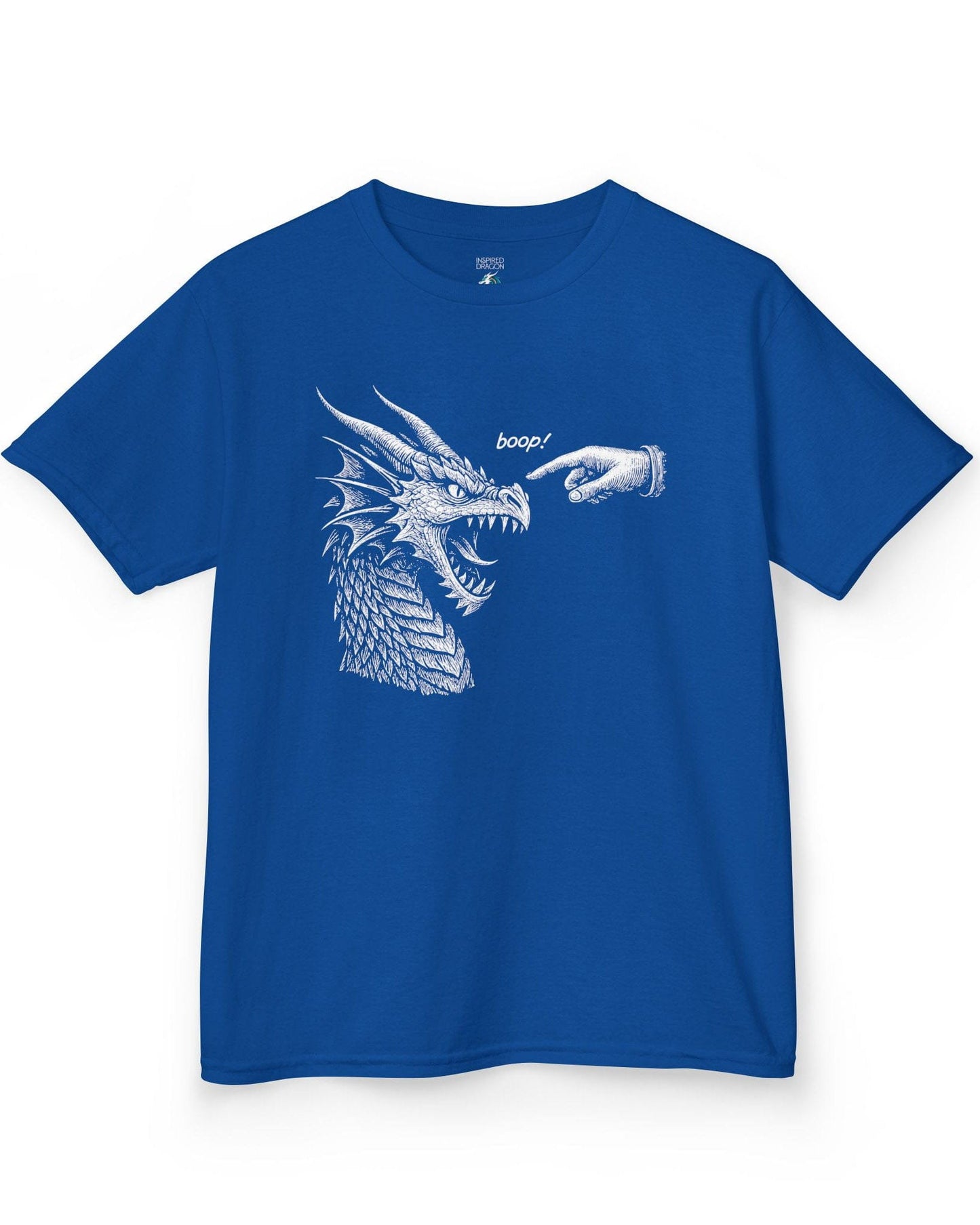 Boop! shirt in royal blue featuring a detailed snarling dragon being playfully tapped on the nose by a pointing hand.