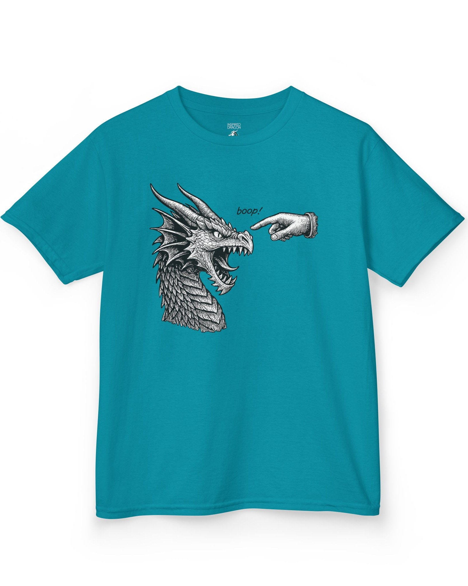 Boop! shirt in tropical blue featuring a detailed snarling dragon being playfully tapped on the nose by a pointing hand.
