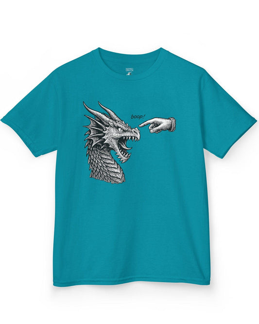 Boop! shirt in tropical blue featuring a detailed snarling dragon being playfully tapped on the nose by a pointing hand.