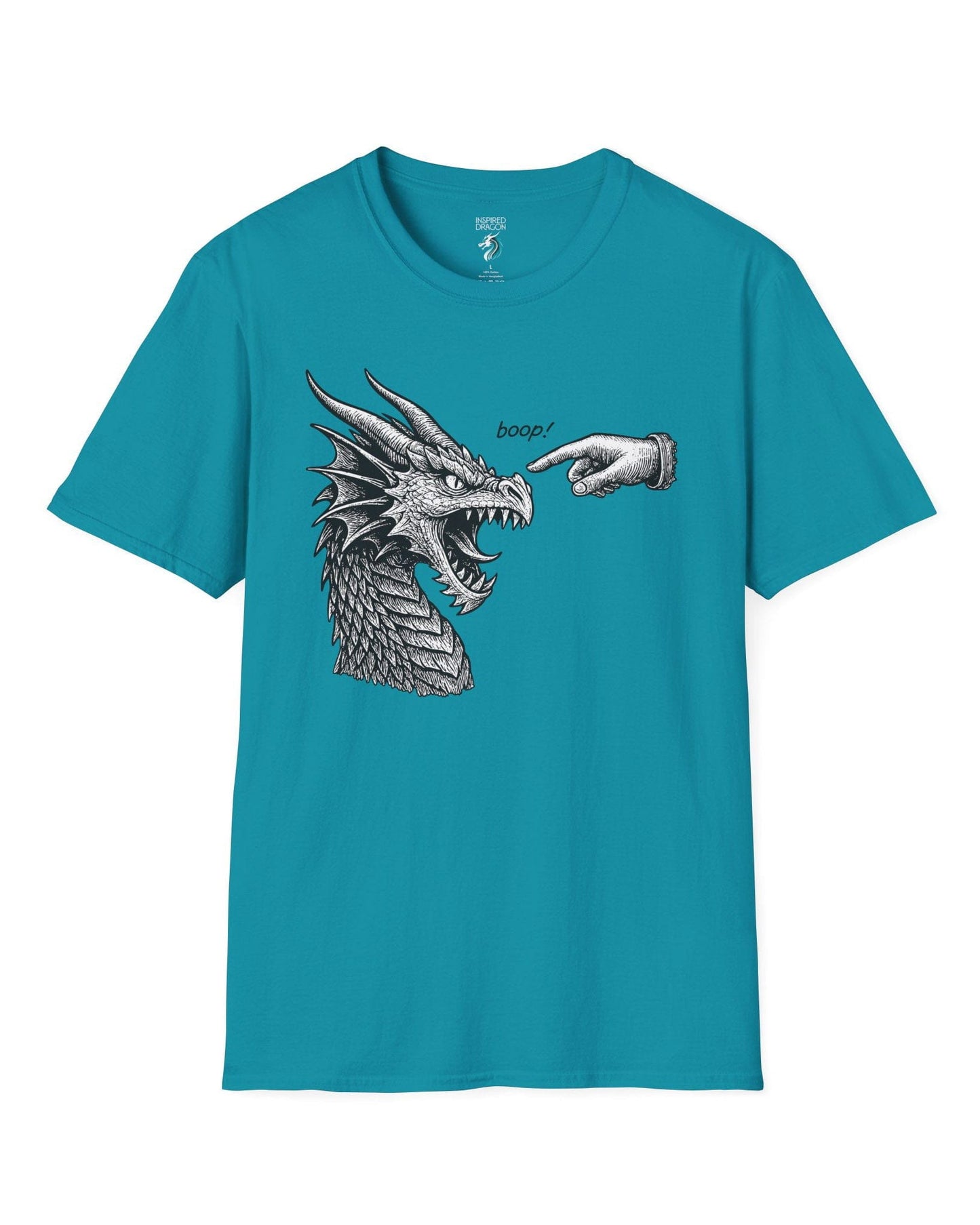 Boop! shirt in tropical blue featuring a detailed snarling dragon being playfully tapped on the nose by a pointing hand.