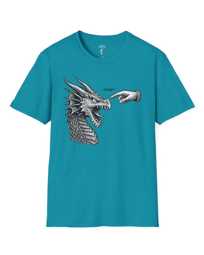 Boop! shirt in tropical blue featuring a detailed snarling dragon being playfully tapped on the nose by a pointing hand.