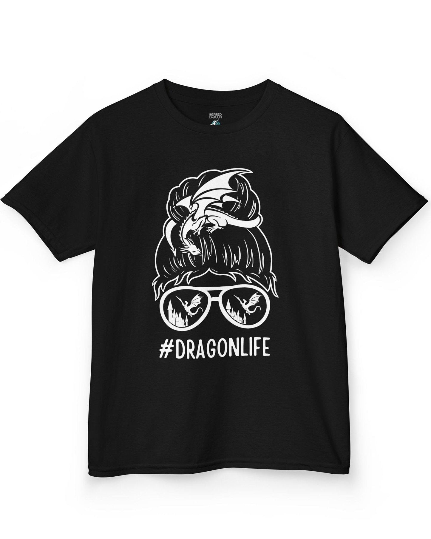 Dragon Life shirt in black featuring a messy bun with a dragon wrapped around and sunglasses reflecting dragons.