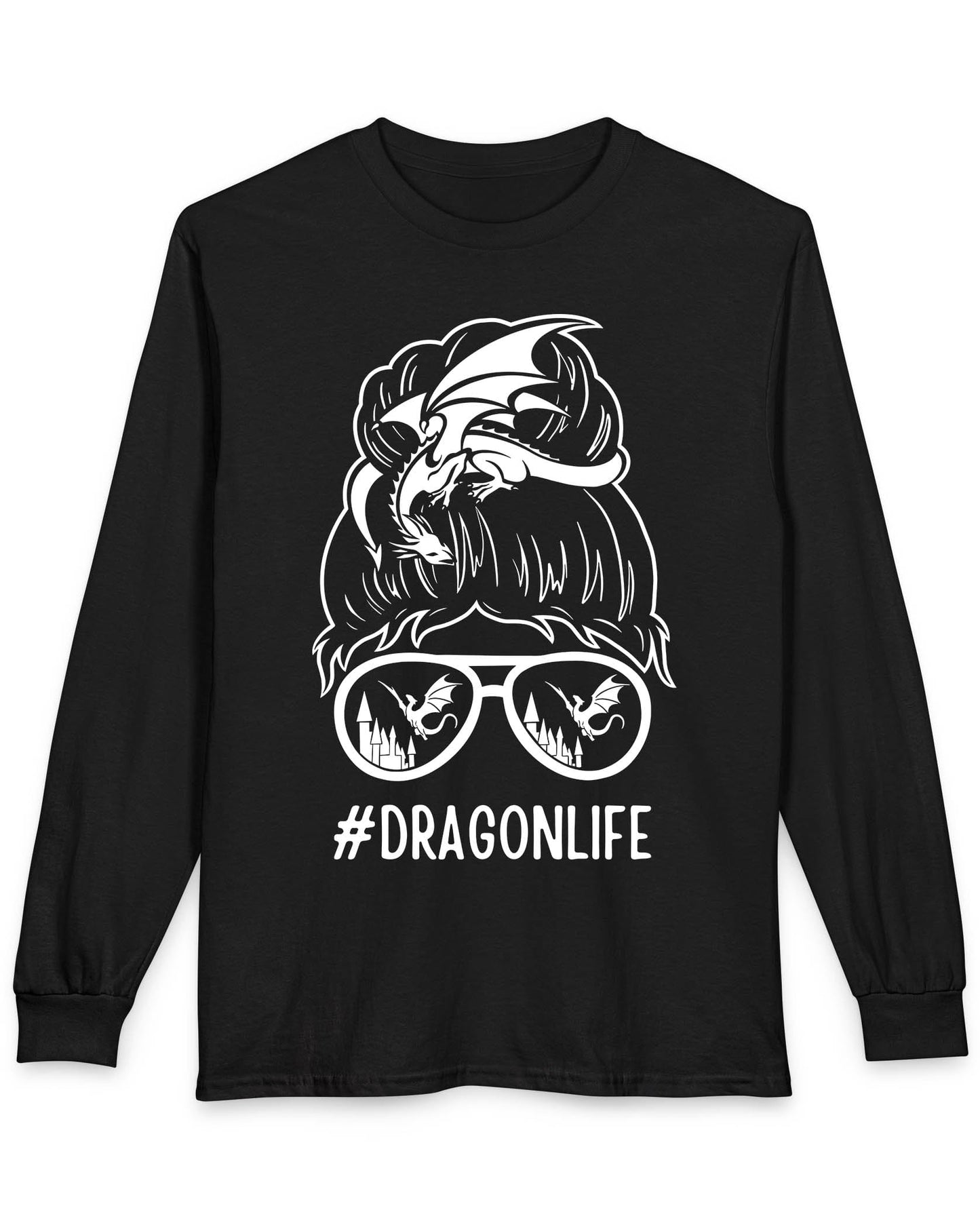 Dragon Life shirt in black featuring a messy bun with a dragon wrapped around and sunglasses reflecting dragons.
