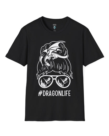 Dragon Life shirt in black featuring a messy bun with a dragon wrapped around and sunglasses reflecting dragons.