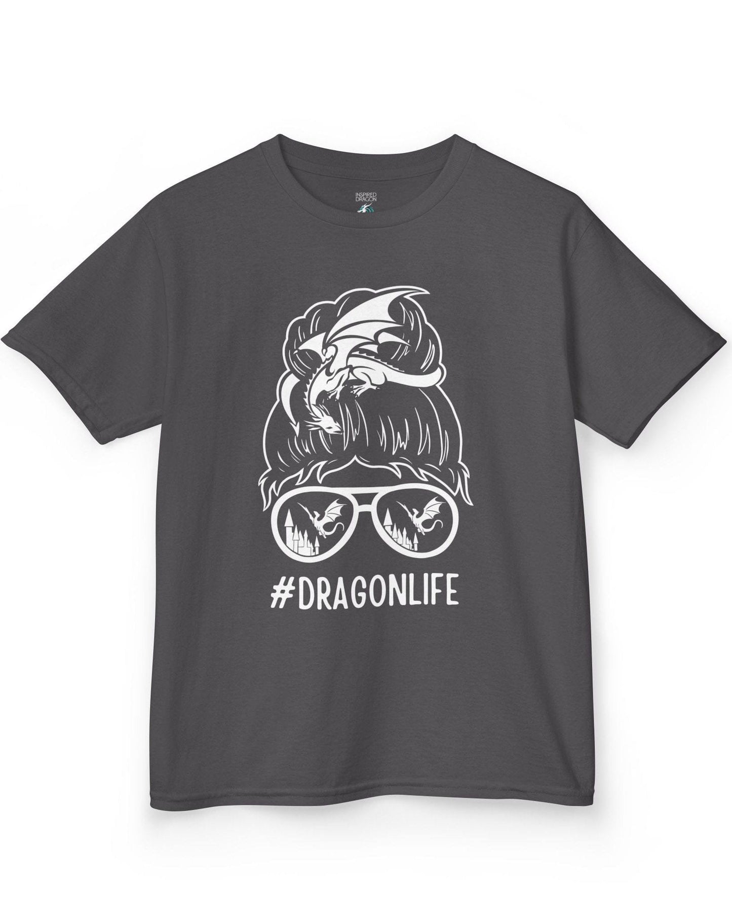 Dragon Life shirt in charcoal featuring a messy bun with a dragon wrapped around and sunglasses reflecting dragons.