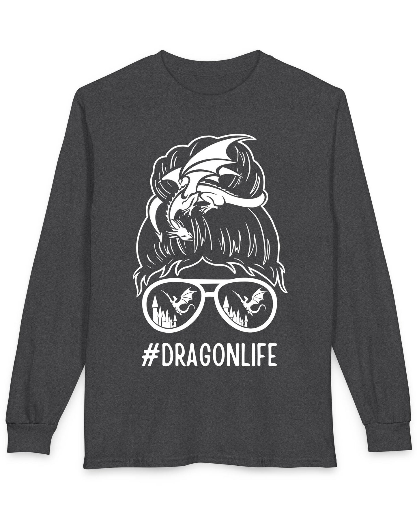 Dragon Life shirt in dark heather grey featuring a messy bun with a dragon wrapped around and sunglasses reflecting dragons.