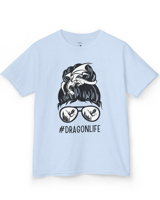 Dragon Life shirt in light blue featuring a messy bun with a dragon wrapped around and sunglasses reflecting dragons.