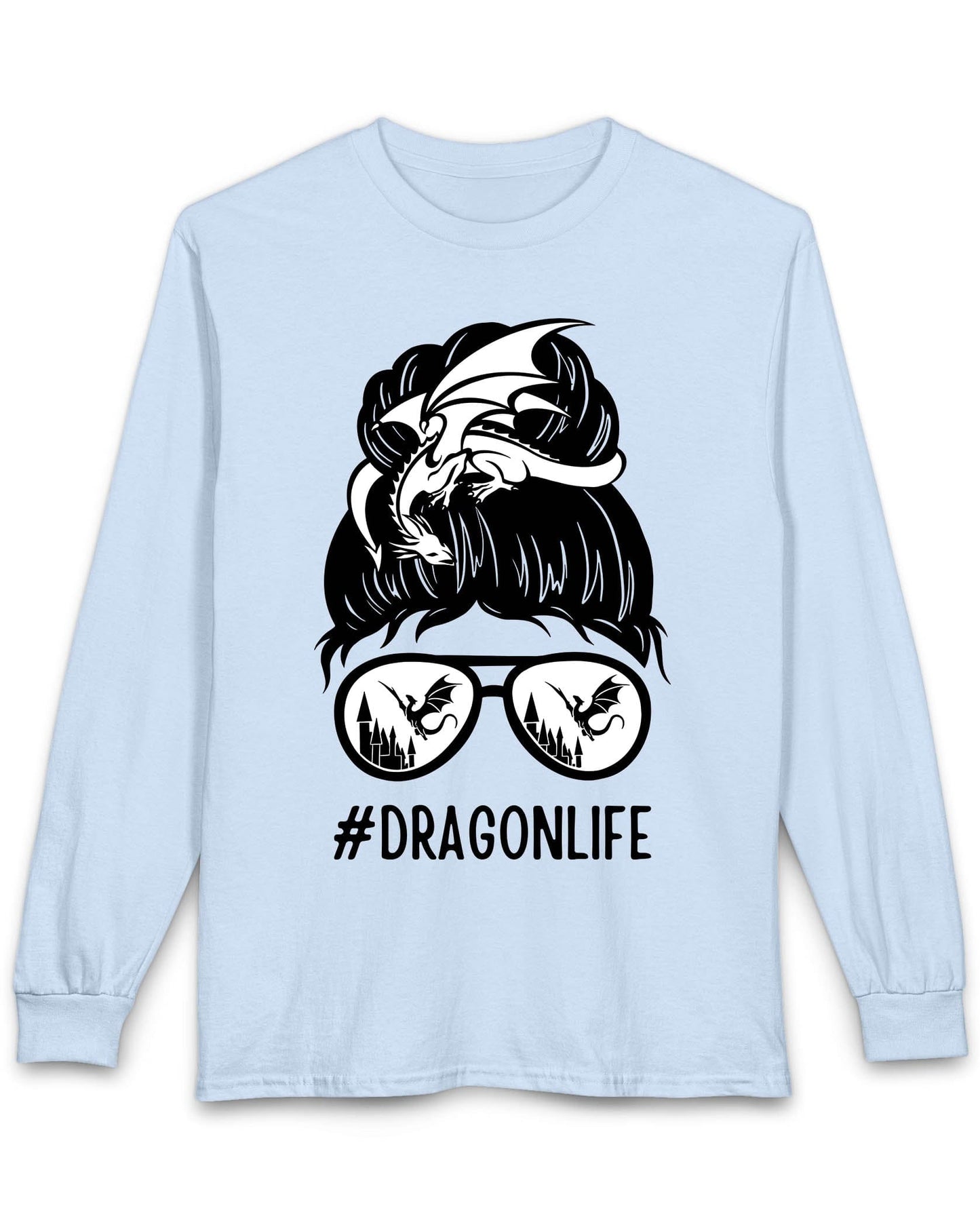 Dragon Life shirt in light blue featuring a messy bun with a dragon wrapped around and sunglasses reflecting dragons.