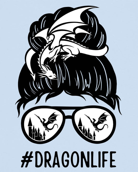 Dragon Life shirt in light blue featuring a messy bun with a dragon wrapped around and sunglasses reflecting dragons.
