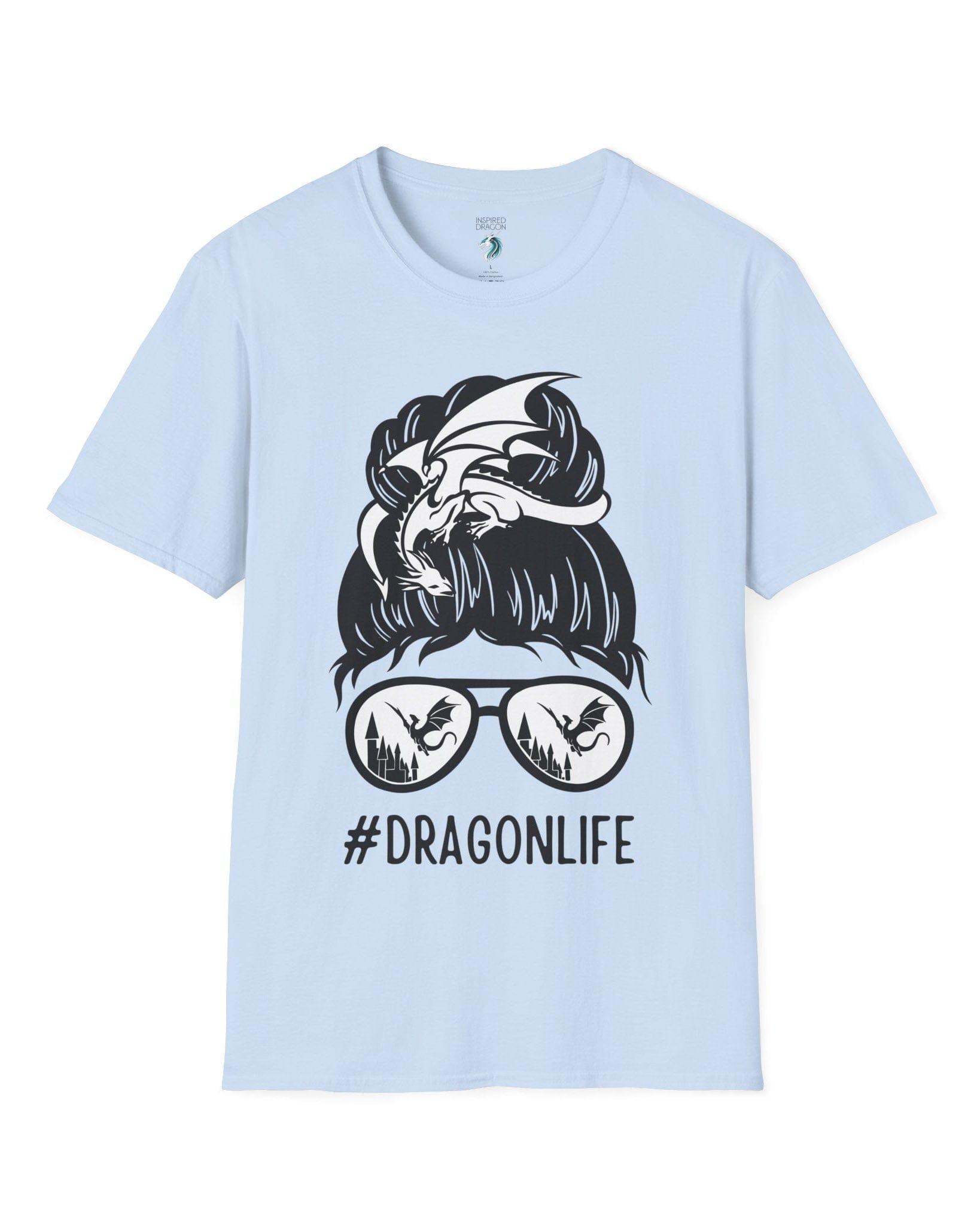 Dragon Life shirt in light blue featuring a messy bun with a dragon wrapped around and sunglasses reflecting dragons.