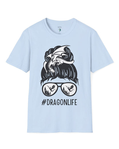 Dragon Life shirt in light blue featuring a messy bun with a dragon wrapped around and sunglasses reflecting dragons.