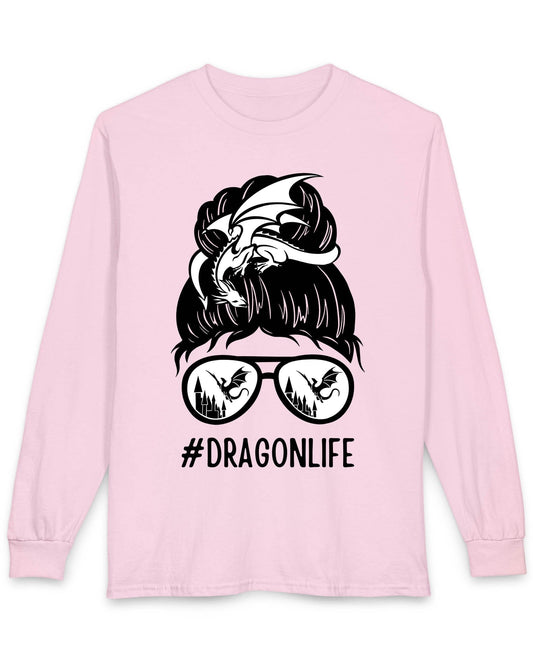 Dragon Life shirt in light pink featuring a messy bun with a dragon wrapped around and sunglasses reflecting dragons.
