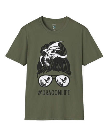 Dragon Life shirt in military green featuring a messy bun with a dragon wrapped around and sunglasses reflecting dragons.