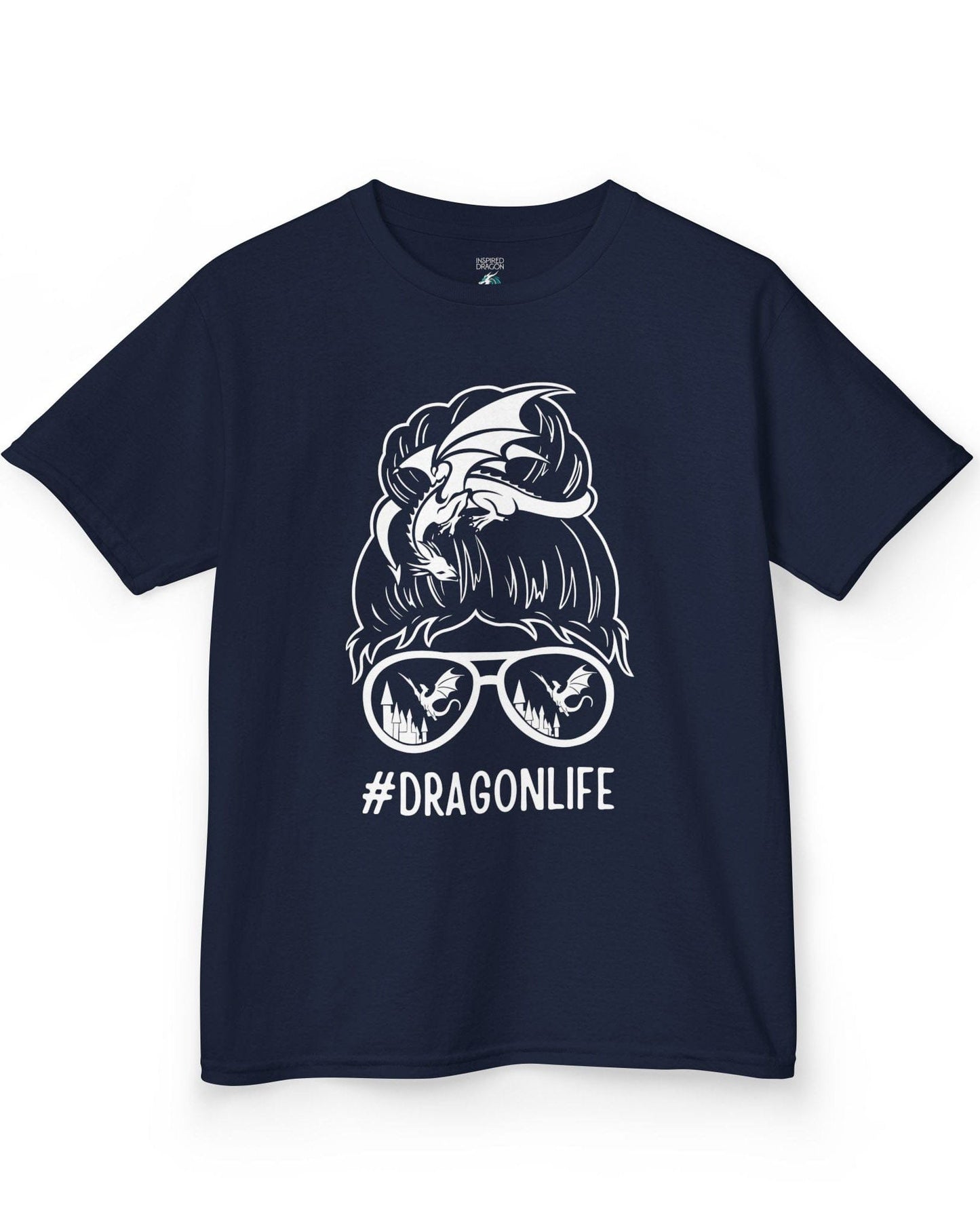 Dragon Life shirt in navy featuring a messy bun with a dragon wrapped around and sunglasses reflecting dragons.