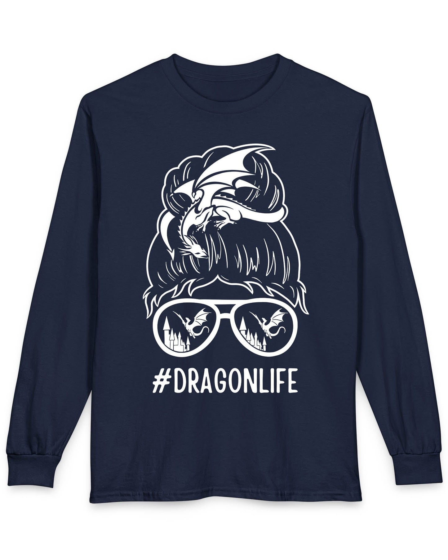 Dragon Life shirt in navy featuring a messy bun with a dragon wrapped around and sunglasses reflecting dragons.