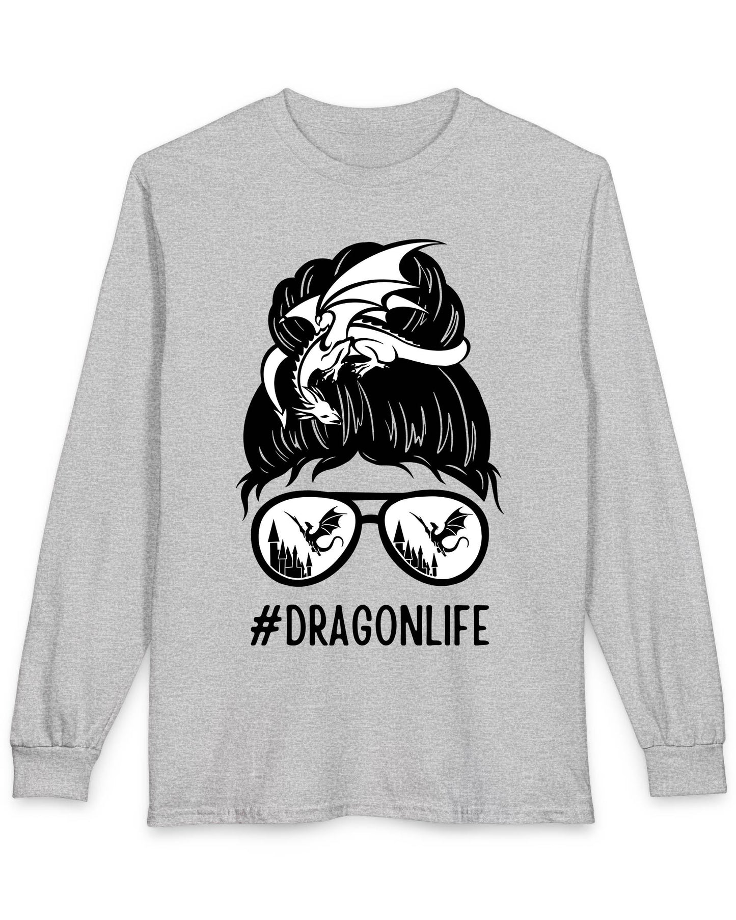 Dragon Life shirt in sport grey featuring a messy bun with a dragon wrapped around and sunglasses reflecting dragons.