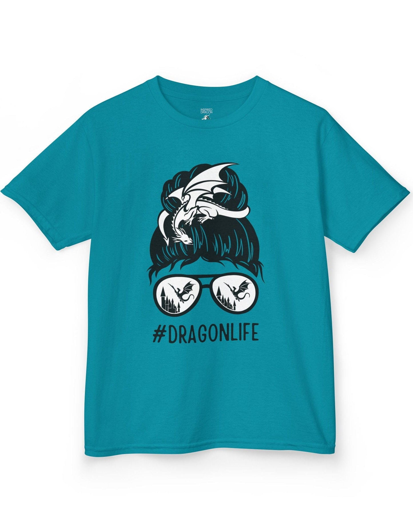 Dragon Life shirt in tropical blue featuring a messy bun with a dragon wrapped around and sunglasses reflecting dragons.
