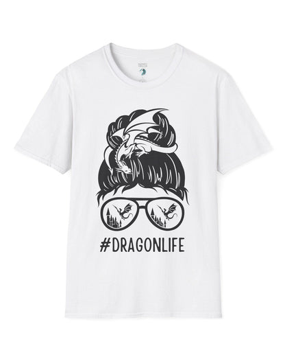 Dragon Life shirt in white featuring a messy bun with a dragon wrapped around and sunglasses reflecting dragons.