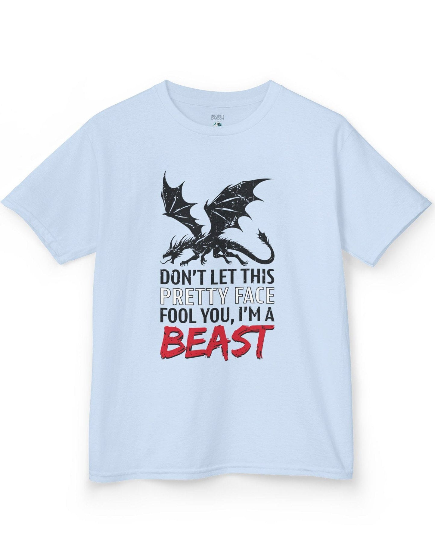 I'm a Beast shirt in light blue featuring a distressed dragon graphic with bold lettering.