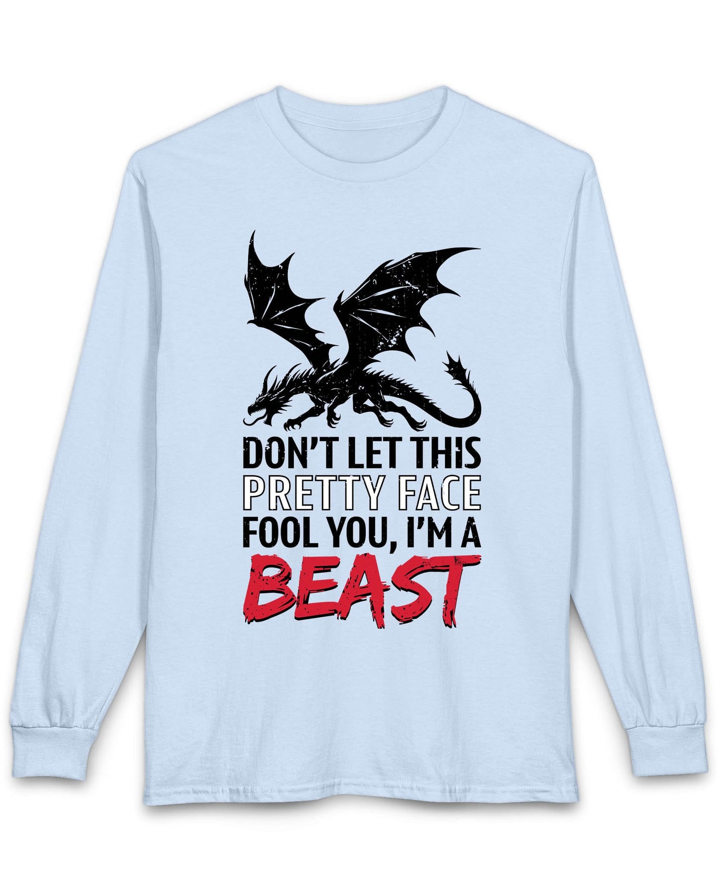 I'm a Beast shirt in light blue featuring a distressed dragon graphic with bold lettering