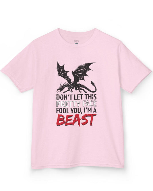 I'm a Beast shirt in light pink featuring a distressed dragon graphic with bold lettering.