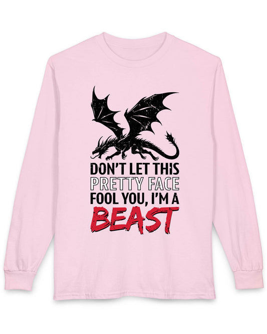 I'm a Beast shirt in light pink featuring a distressed dragon graphic with bold lettering