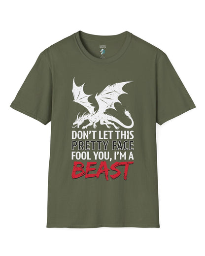 I'm a Beast shirt in military green featuring a distressed dragon graphic with bold lettering.
