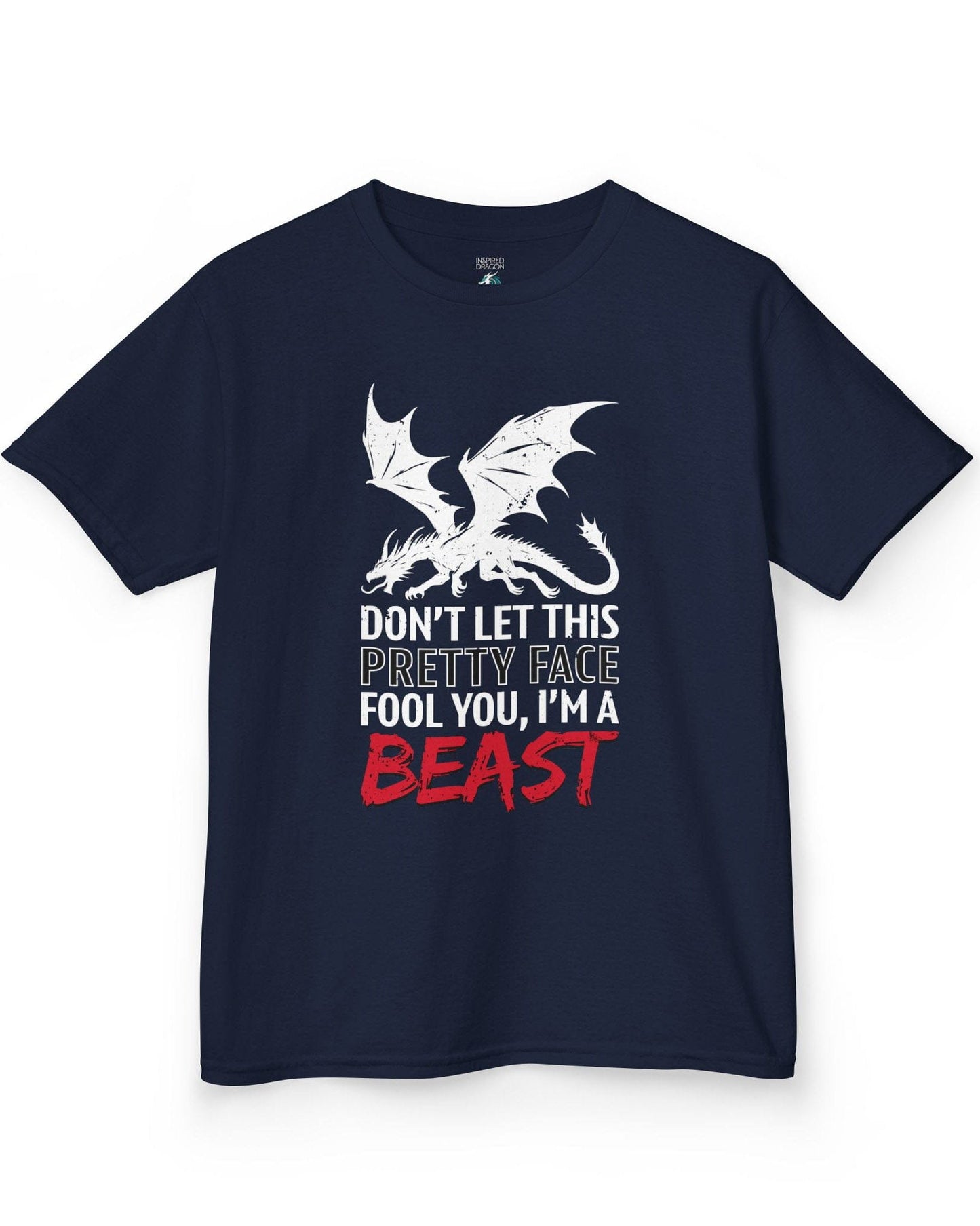 I'm a Beast shirt in navy featuring a distressed dragon graphic with bold lettering.