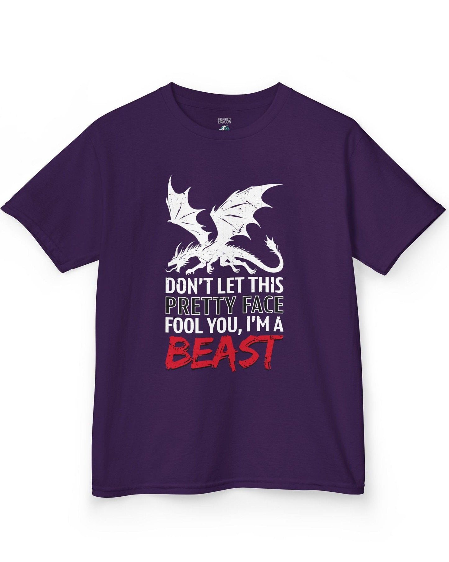 I'm a Beast shirt in purple featuring a distressed dragon graphic with bold lettering.