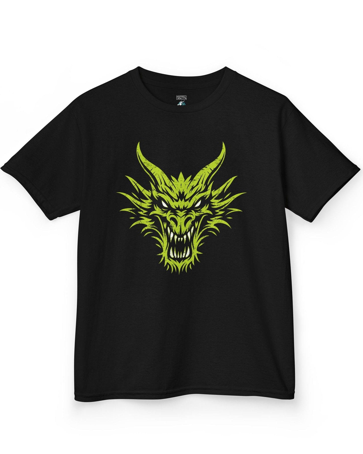 Out of the Shadows shirt in black featuring a distressed neon green dragon head with fierce glowing eyes.