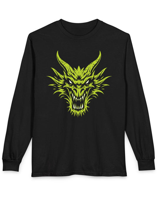 Out of the Shadows shirt in black featuring a distressed neon green dragon head with fierce glowing eyes