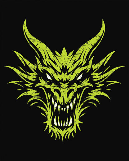 Out of the Shadows shirt in black featuring a distressed neon green dragon head with fierce glowing eyes.