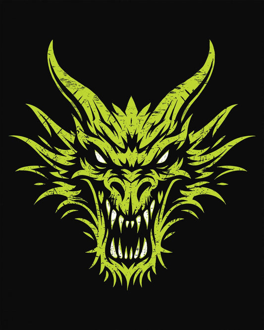 Out of the Shadows shirt in black featuring a distressed neon green dragon head with fierce glowing eyes.