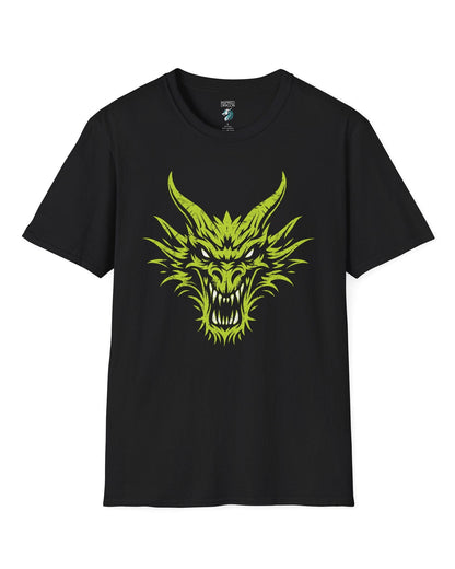 Out of the Shadows shirt in black featuring a distressed neon green dragon head with fierce glowing eyes.