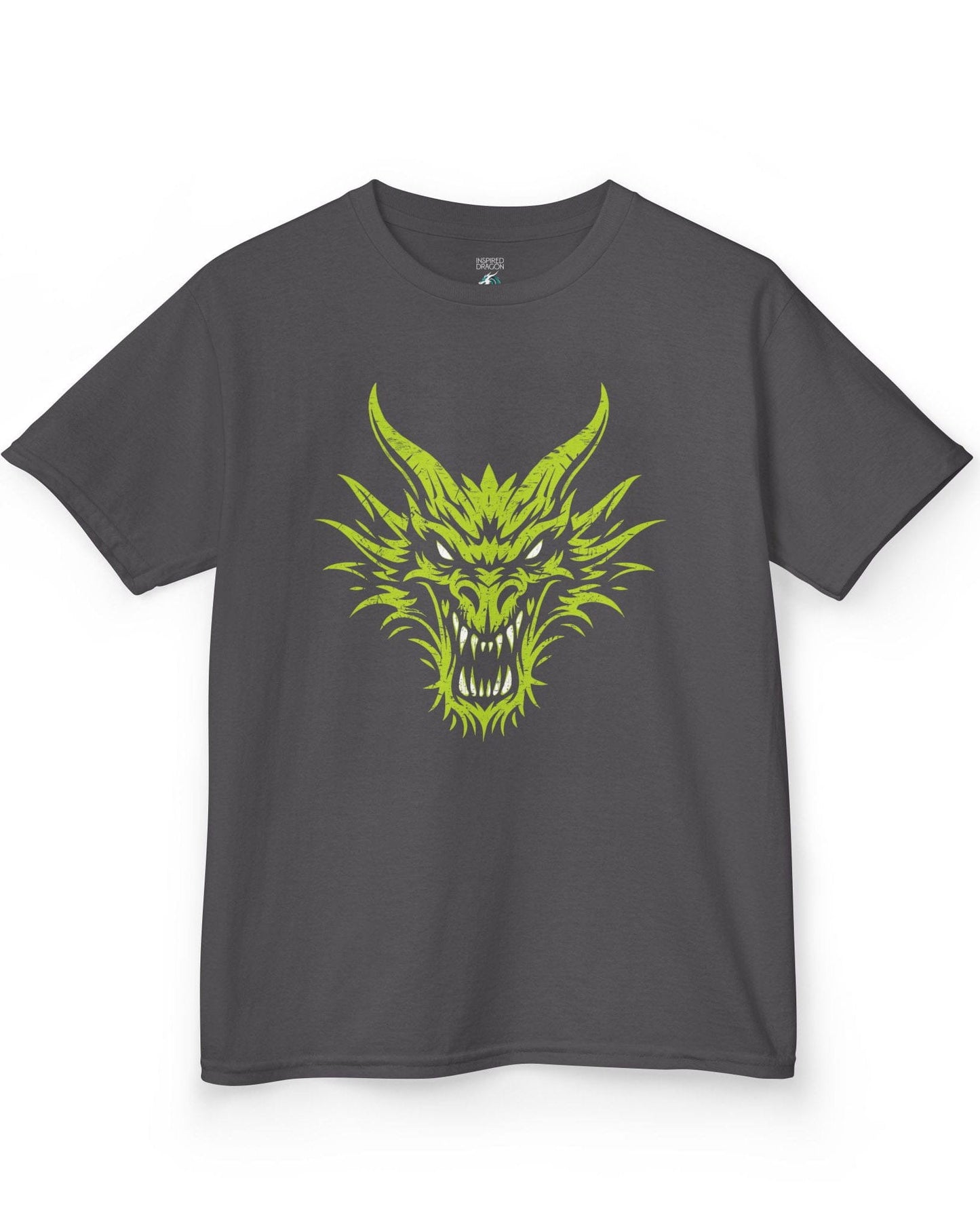 Out of the Shadows shirt in charcoal featuring a distressed neon green dragon head with fierce glowing eyes.
