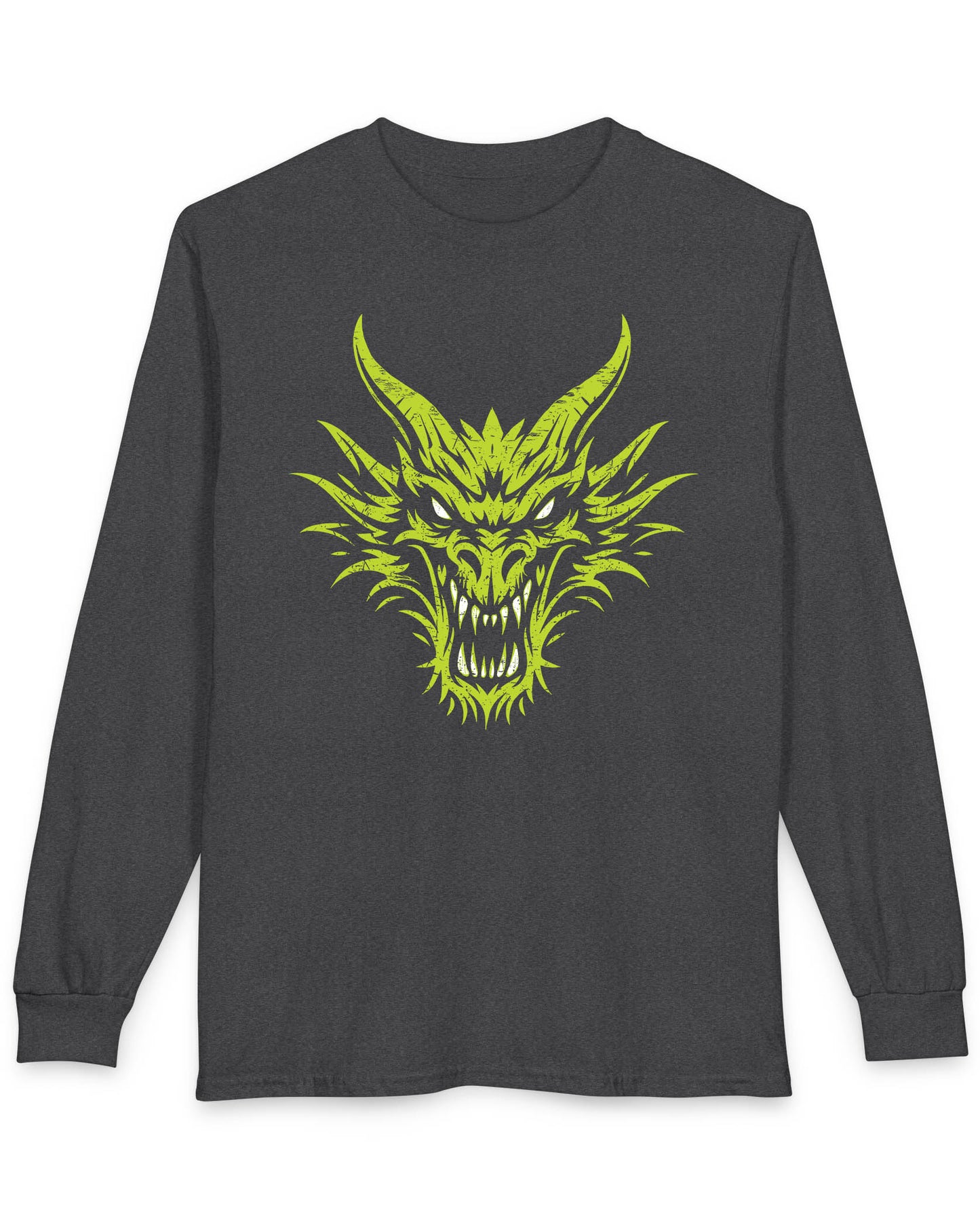 Out of the Shadows shirt in dark heather featuring a distressed neon green dragon head with fierce glowing eyes