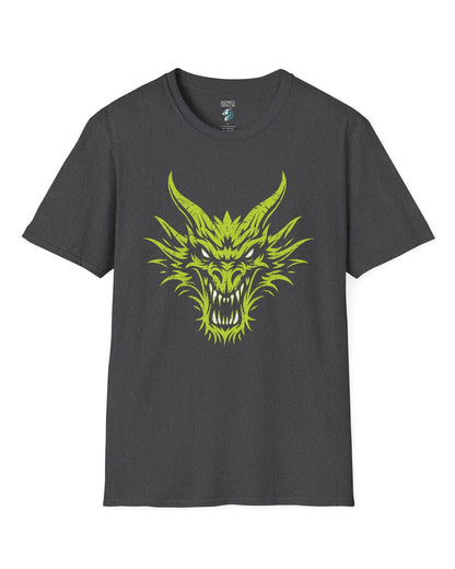 Out of the Shadows shirt in dark heather grey featuring a distressed neon green dragon head with fierce glowing eyes.