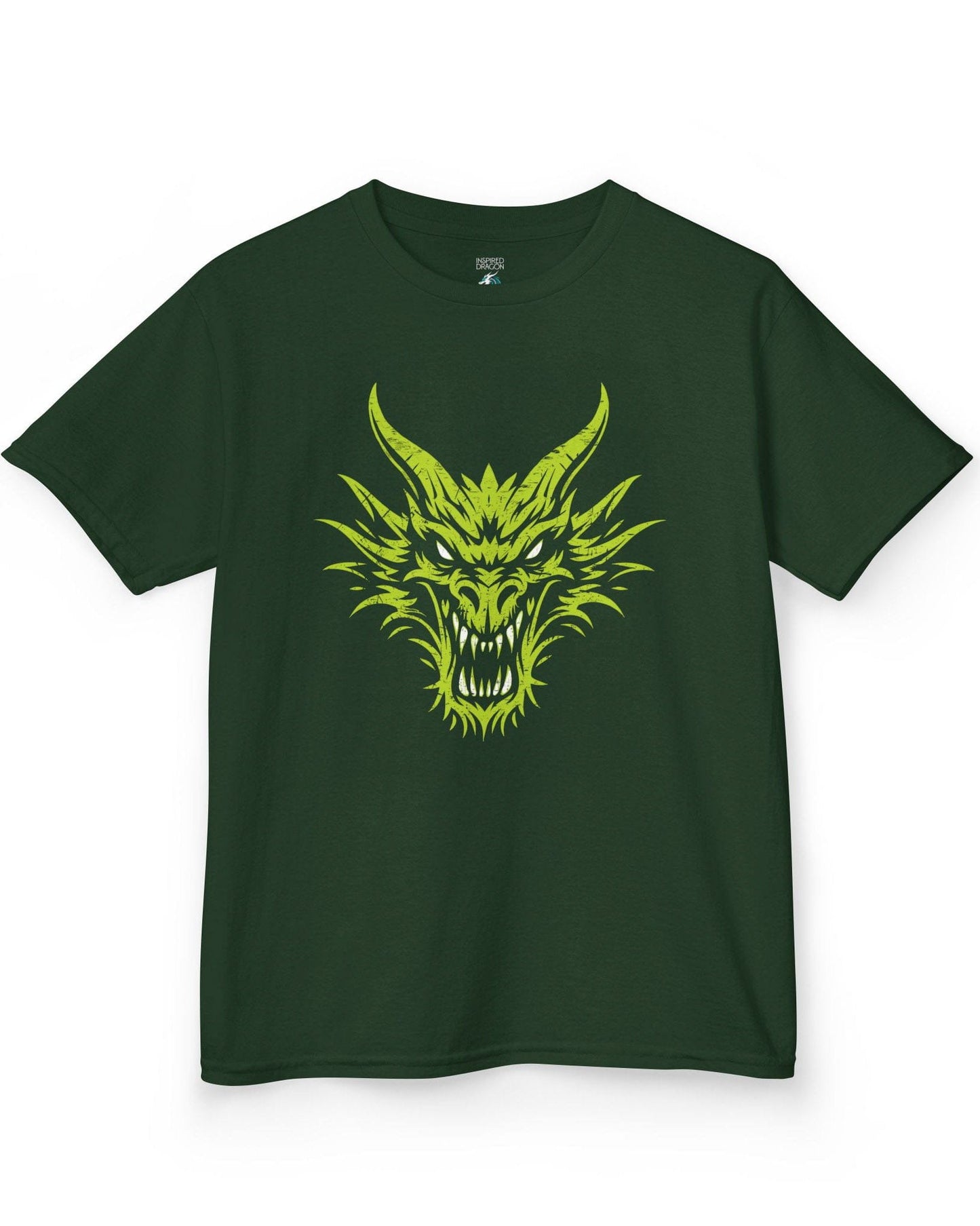 Out of the Shadows shirt in forest green featuring a distressed neon green dragon head with fierce glowing eyes.
