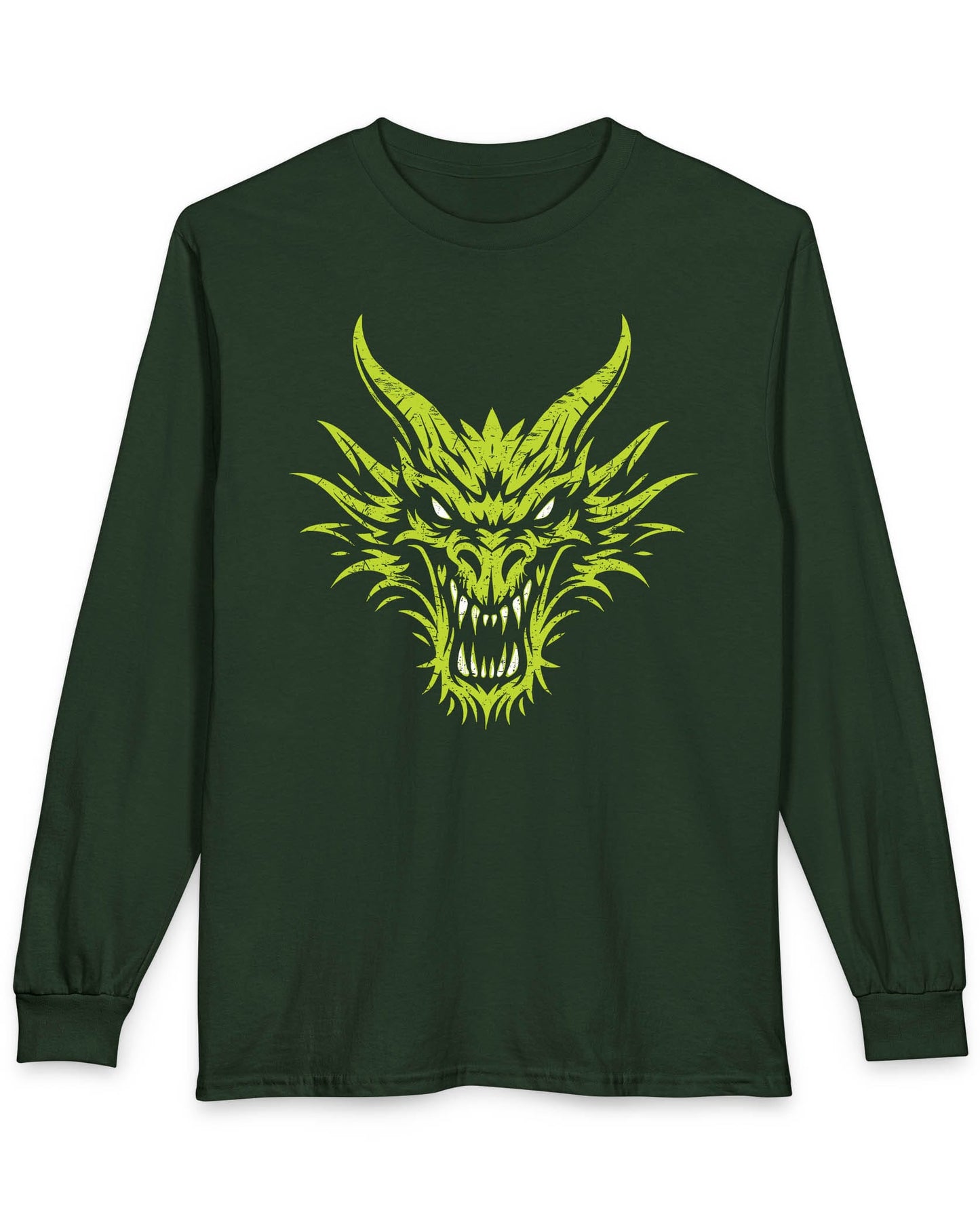 Out of the Shadows shirt in forest green featuring a distressed neon green dragon head with fierce glowing eyes