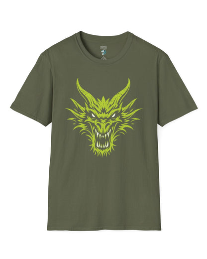 Out of the Shadows shirt in military green featuring a distressed neon green dragon head with fierce glowing eyes.