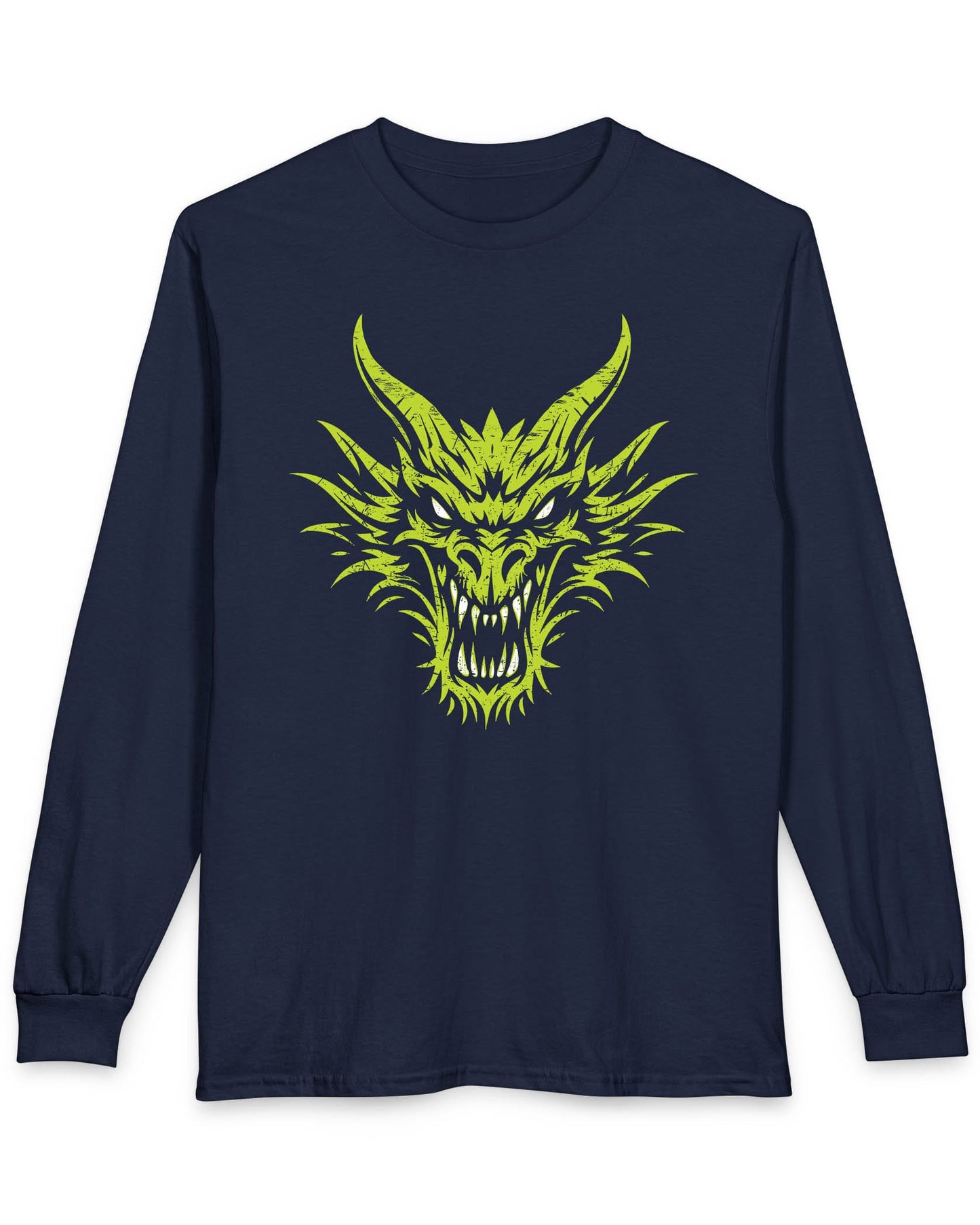 Out of the Shadows shirt in navy featuring a distressed neon green dragon head with fierce glowing eyes