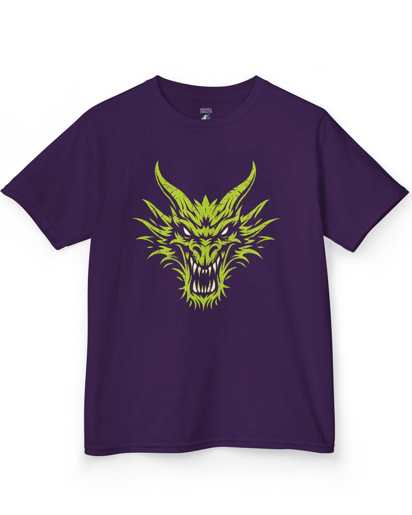 Out of the Shadows shirt in purple featuring a distressed neon green dragon head with fierce glowing eyes.